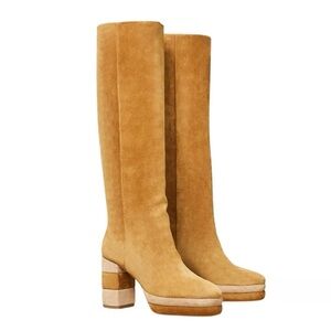 Tory Burch Stacked Platform Suede Kee High Camel Boots